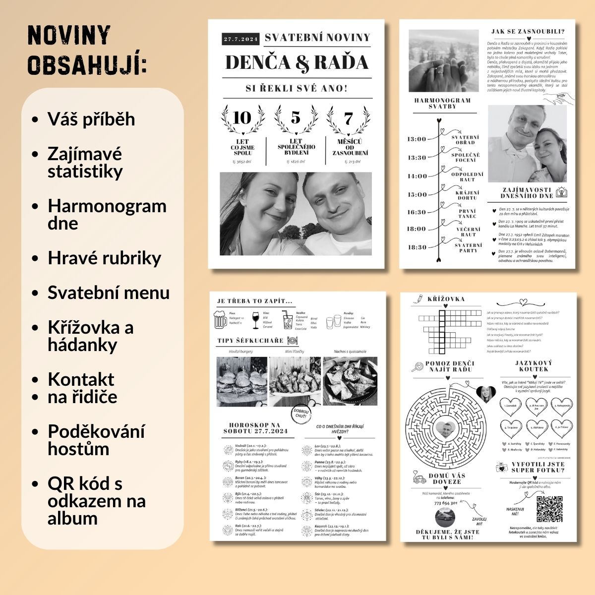 Svatební noviny šablona PDF v Canvě – personalizované svatební noviny pro hosty na stůl