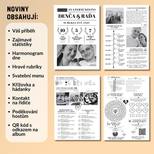 Svatební noviny šablona PDF v Canvě – personalizované svatební noviny pro hosty na stůl